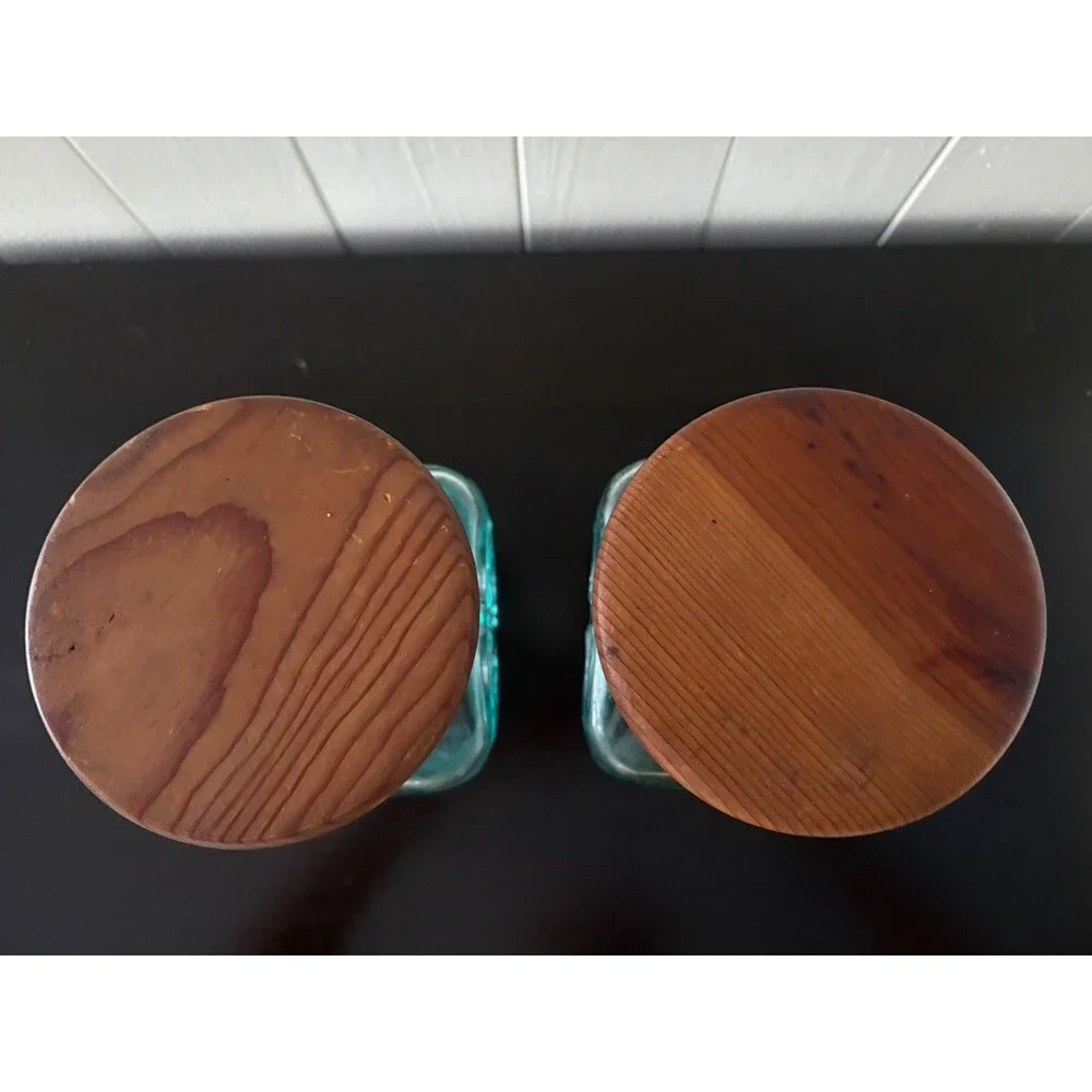 Vintage Vetreria Etrusca Italy Green Glass Canister Jars Wood Lids Set of 2